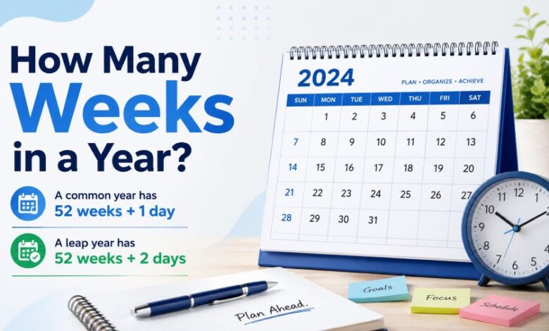 How many weeks in a year showing 52 weeks plus 1 day in a common year and 52 weeks plus 2 days in a leap year