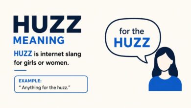 Huzz meaning infographic explaining the slang term for girls or women, with the example phrase “Anything for the huzz.”