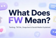 What Does FW Mean graphic explaining FW slang in texting, TikTok, Snapchat, and social media.