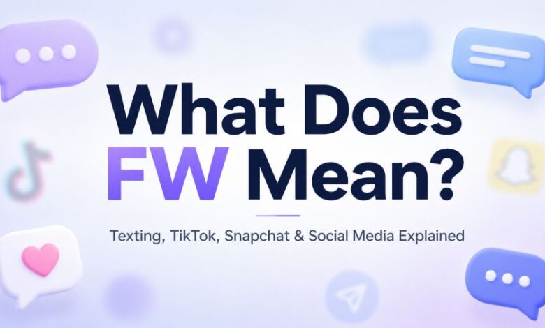 What Does FW Mean graphic explaining FW slang in texting, TikTok, Snapchat, and social media.