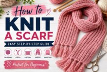 How to knit a scarf beginner guide with pink knitted scarf, yarn, knitting needles, and basic knitting steps