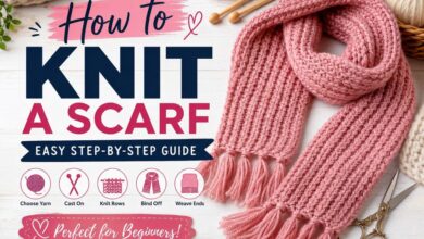 How to knit a scarf beginner guide with pink knitted scarf, yarn, knitting needles, and basic knitting steps