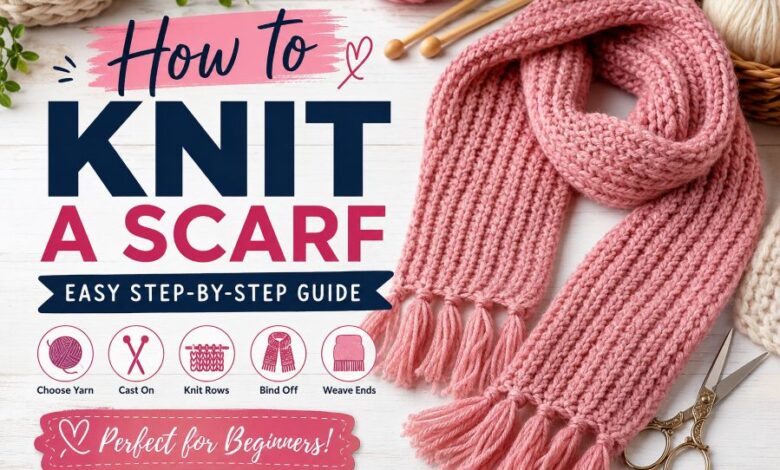 How to knit a scarf beginner guide with pink knitted scarf, yarn, knitting needles, and basic knitting steps