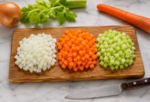 Classic mirepoix made with chopped onion, carrot and celery