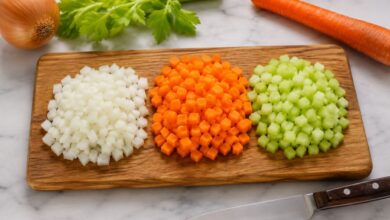 Classic mirepoix made with chopped onion, carrot and celery