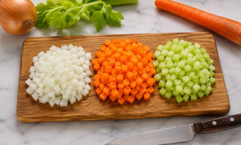 Classic mirepoix made with chopped onion, carrot and celery