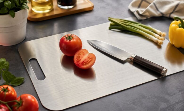 Titanium cutting board on a kitchen counter with vegetables and a chef knife