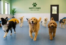 Doggy day care with dogs playing under staff supervision