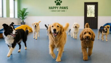 Doggy day care with dogs playing under staff supervision