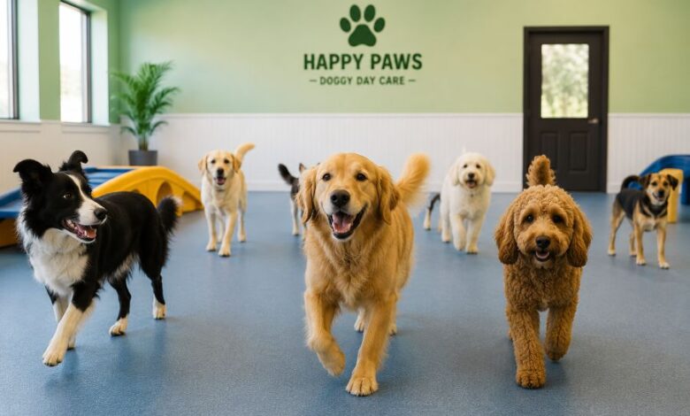 Doggy day care with dogs playing under staff supervision