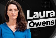 Laura Owens portrait with black background and name text