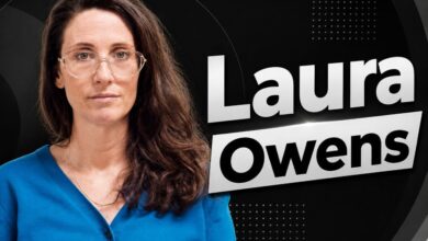 Laura Owens portrait with black background and name text