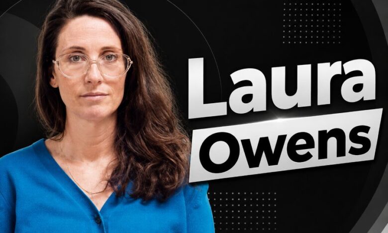 Laura Owens portrait with black background and name text