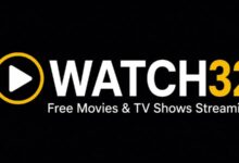 Watch32 streaming platform logo with black, white, and yellow design