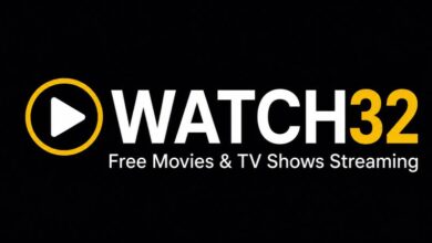 Watch32 streaming platform logo with black, white, and yellow design