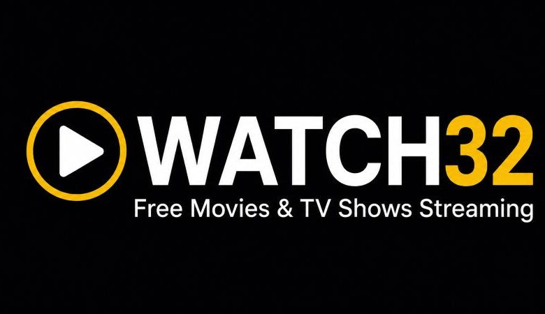 Watch32 streaming platform logo with black, white, and yellow design