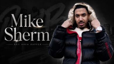 Mike Sherm rapper portrait with black background and name text