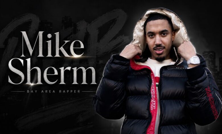 Mike Sherm rapper portrait with black background and name text