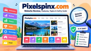 Pixelspinx.com website review showing its content categories and online publishing information