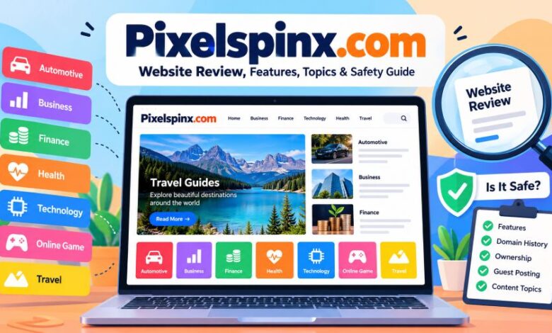 Pixelspinx.com website review showing its content categories and online publishing information